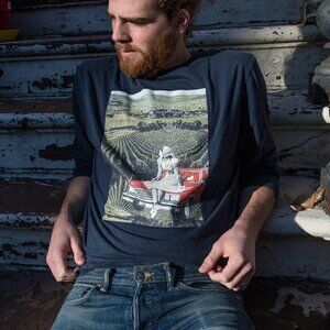 Handmade Graphic Long Sleeve Tee •“Lookout” Collage Art • Retro Scenic Vineyard